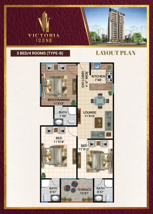 Type B 3 bedroom / 4 room layout plan