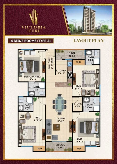 Type A 4 bedroom / 5 room layout plan