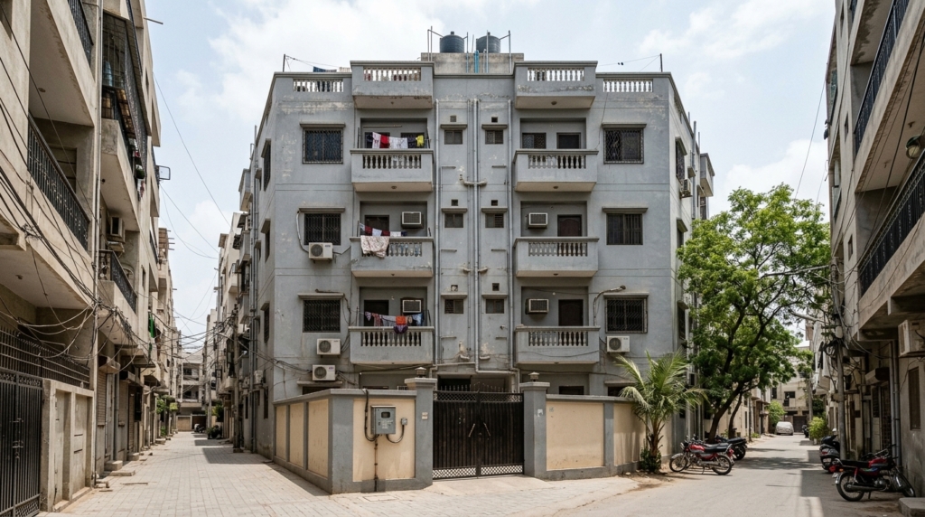 Representative image of an apartment building in Karachi. Not a photograph of the property on this page.