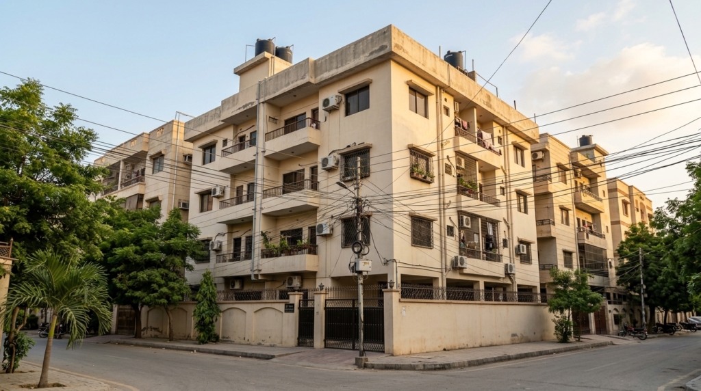 Representative image of an apartment building in Karachi. Not a photograph of the property on this page.