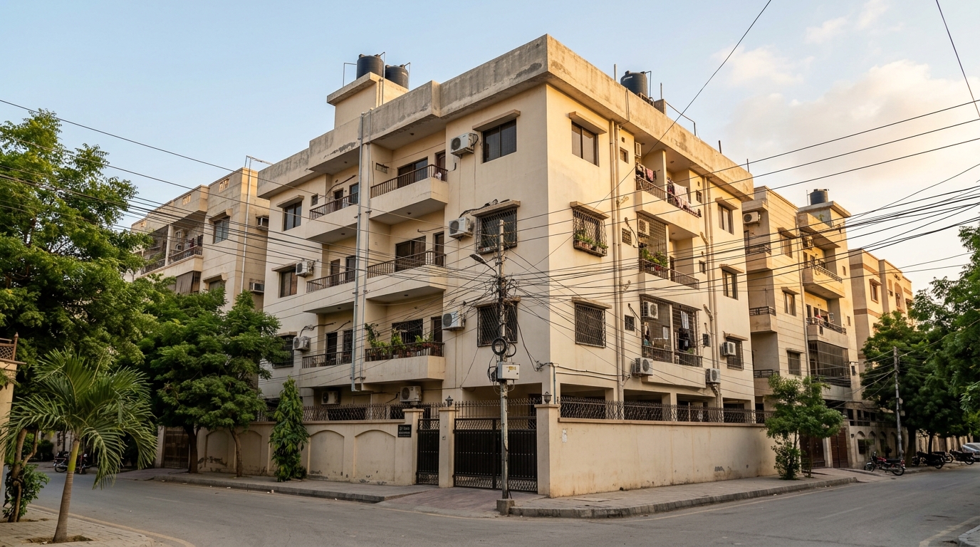 Representative image of an apartment building in Karachi. Not a photograph of the property on this page.