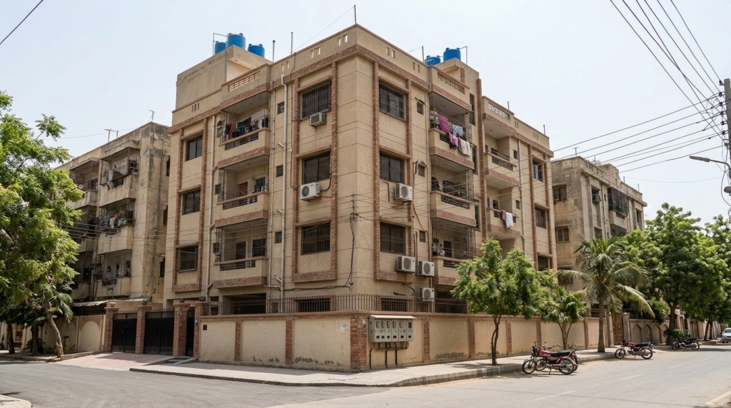 Representative image of an apartment building in Karachi. Not a photograph of the property on this page.