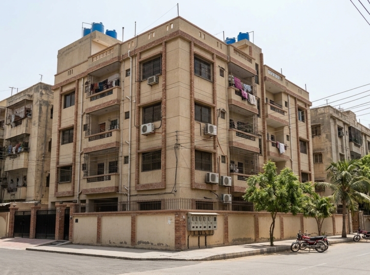 Representative image of an apartment building in Karachi. Not a photograph of the property on this page.
