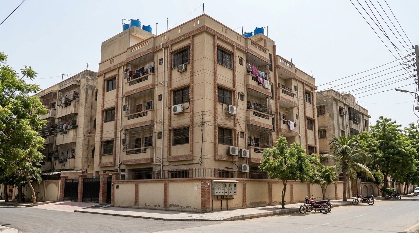 Representative image of an apartment building in Karachi. Not a photograph of the property on this page.