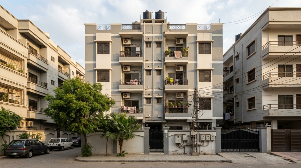 Representative image of an apartment building in Karachi. Not a photograph of the property on this page.